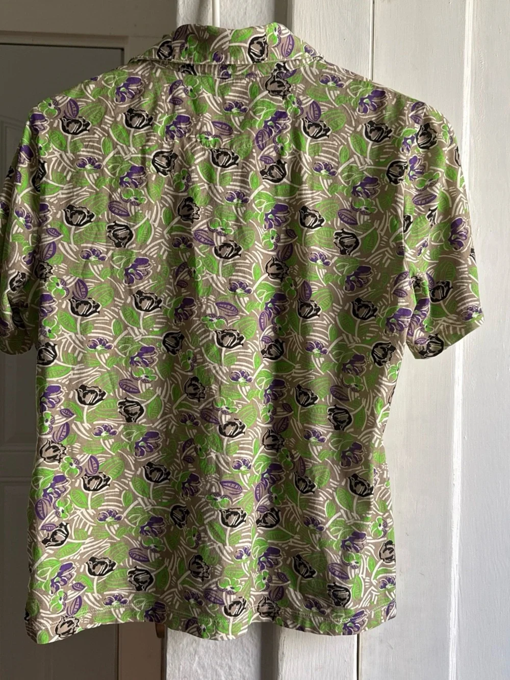Tory Burch Green, Purple & Black Floral Collared Short-Sleeve Blouse